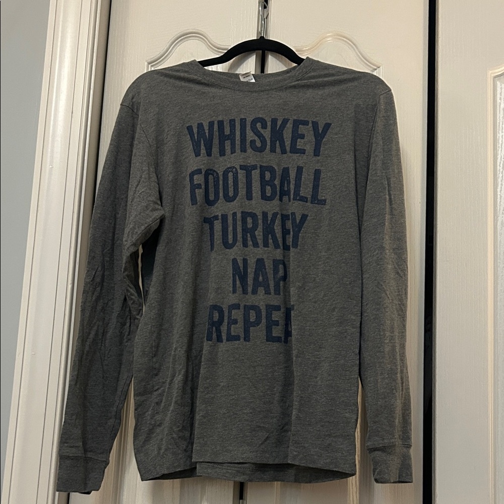 Gray Long Sleeve Graphic Tee Thanksgiving Whiskey Football Turkey Nap Repeat